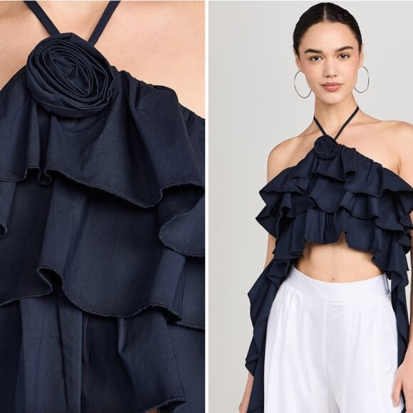opt Cielo Top - Ruffle Crop Top w Rosette - Navy - Size M - Picture 2 of 4